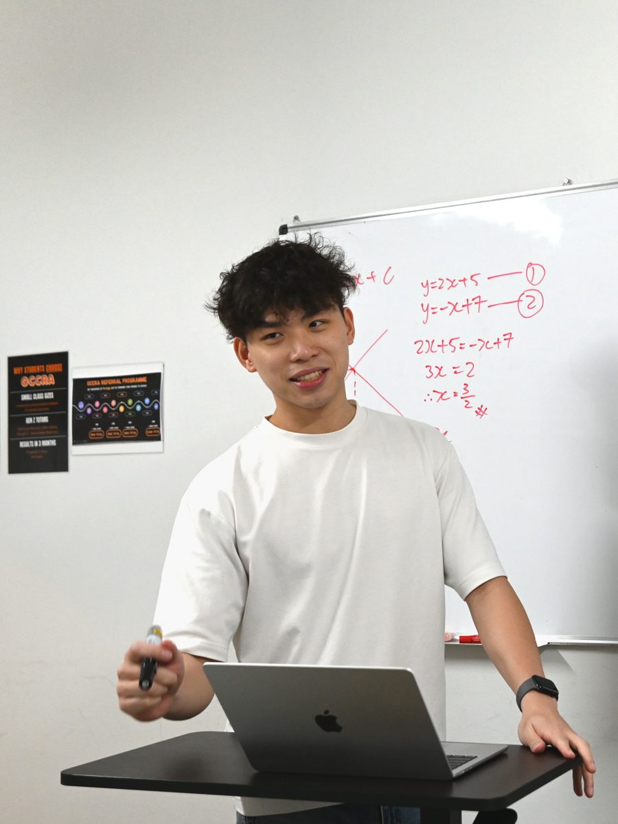 Tutor explaining a maths problem at the whiteboard